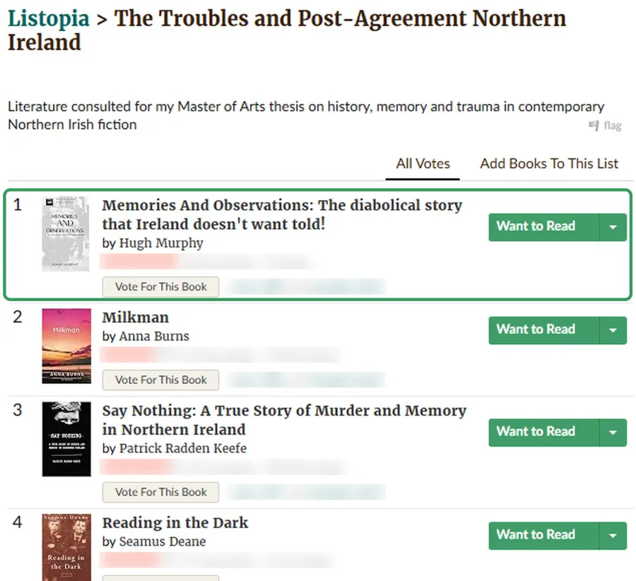 Goodreads list screenshot: number 1 on The Troubles and Post Agreement Northern Ireland